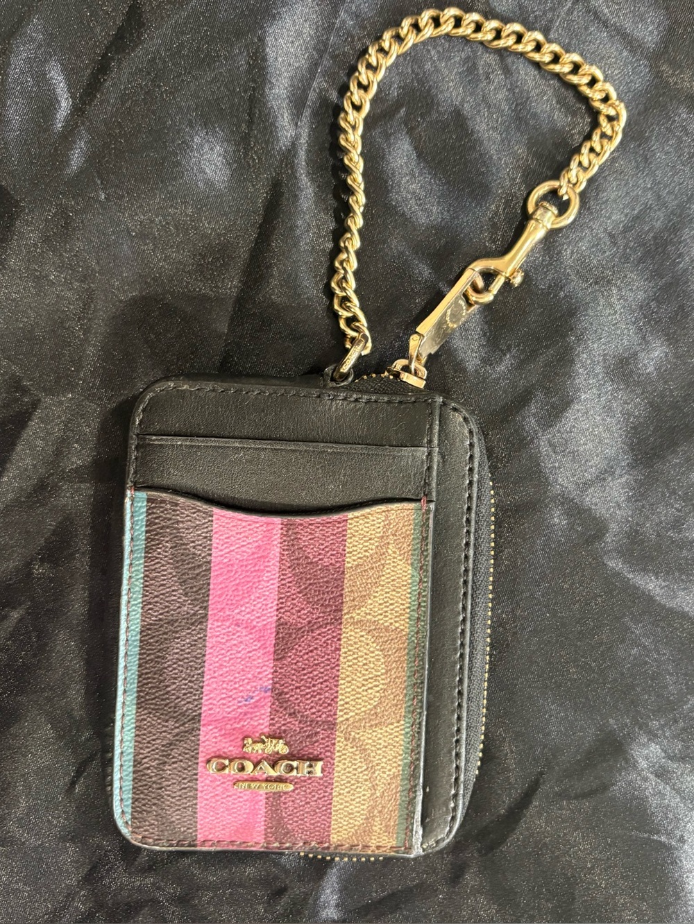 EUC Coach Multicolor Stripe Card Holder with Gold Chain